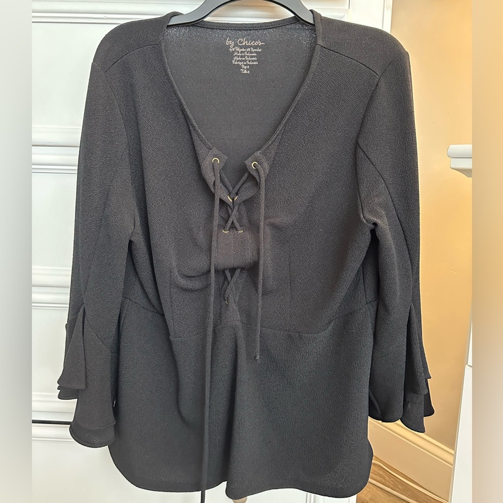 Chico’s Women's Black 3/4 Flare Sleeve Lace Up Tunic Blouse - Size 3
